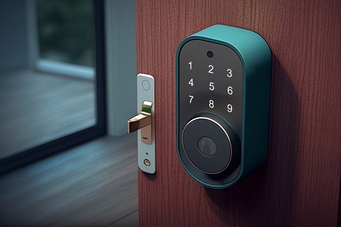 Door knobs handles realistic composition with finger touching digital dial pad of handle illustration